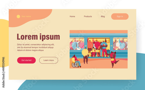Disabled woman squeezing into overcrowded train. Crowd of people in metro flat vector illustration. Overpopulation, rush hour, public transport concept for banner, website design or landing web page