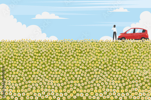 illustration landscape of man standing using mobile phone in front of a red car on a wide yellow flower field and bright blue sky. cute cartoon style.