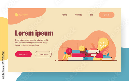 Bookworms or book lovers enjoying reading in library or bookstore. Students studying textbooks. Vector illustration for literature, hobby, education, readers concept