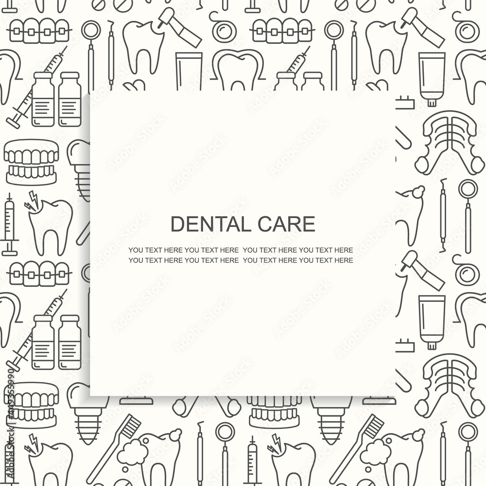 Dentist, orthodontics seamless pattern with line style icons. Health care background for dentistry clinic. Outline dental care, medical equipment, braces, tooth prosthesis, caries treatment background