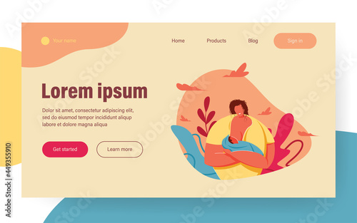 Happy mom breastfeeding baby. New mother offering breast to newborn infant. Vector illustration for motherhood, healthy nutrition, child birth concept