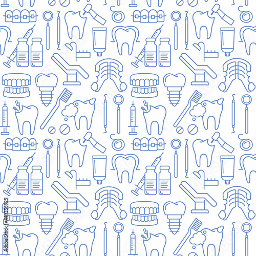 Dentist, orthodontics seamless pattern with line style icons. Health care background for dentistry clinic. Outline dental care, medical equipment, braces, tooth prosthesis, caries treatment background