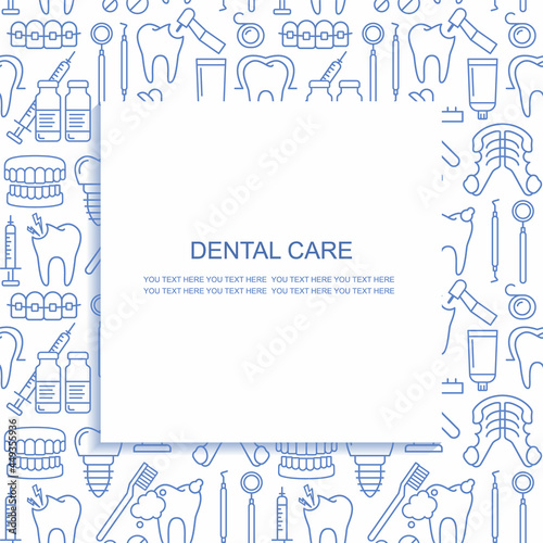 Dentist, orthodontics seamless pattern with line style icons. Health care background for dentistry clinic. Outline dental care, medical equipment, braces, tooth prosthesis, caries treatment background