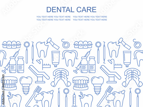 Dentist, orthodontics seamless pattern with line style icons. Health care background for dentistry clinic. Outline dental care, medical equipment, braces, tooth prosthesis, caries treatment background