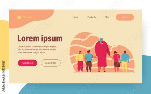 School teacher and children standing or walking together, holding hands. Joyful woman with group of kids. Vector illustration for education, daycare, kindergarten concept