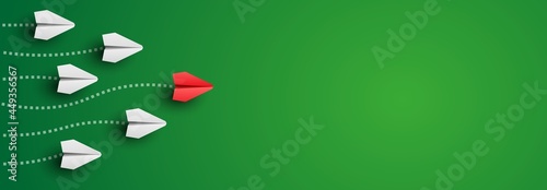 Background with individual red leader paper plane lead other