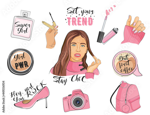 Fashion girl glam icons collection. Vector illustration.