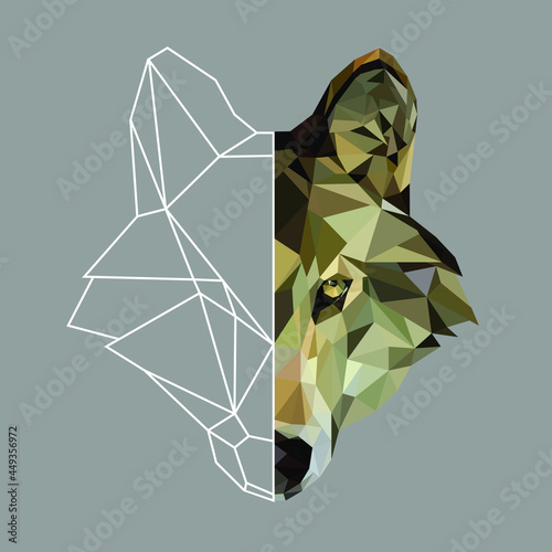 Polygonal wolf head. Wolf. Low poly animal. Geometric wolf. Linear Wolf. Half linear half polygonal animal.