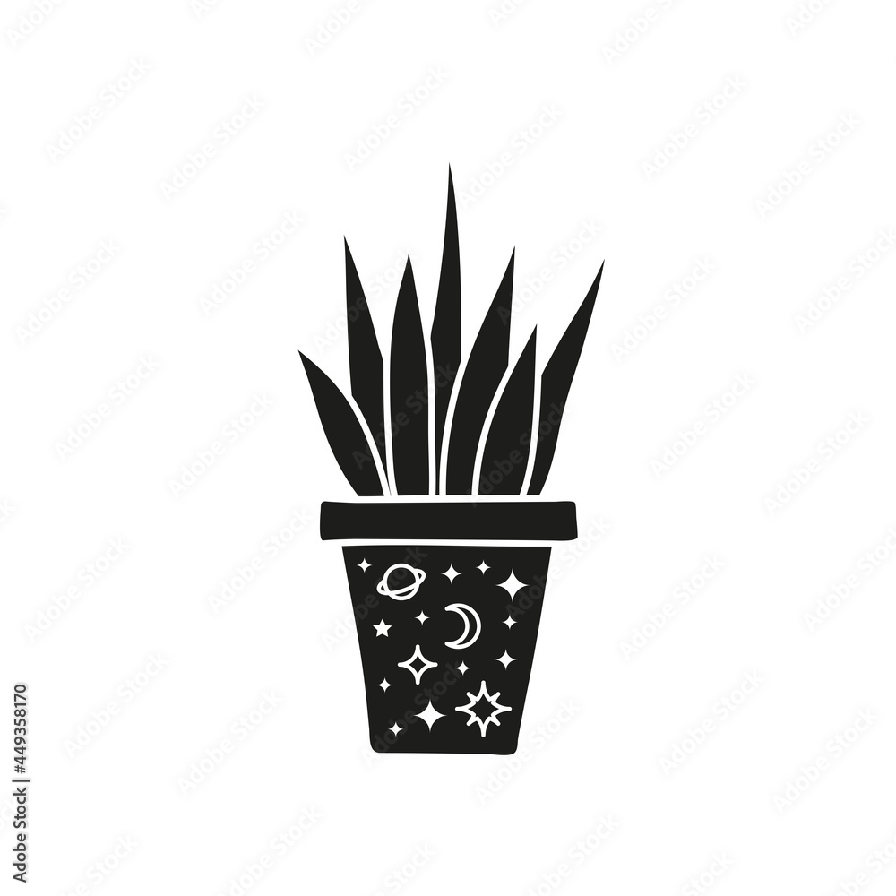 Celestial house plant in pot with moon, planet and stars. Celestial house plant in pot with moon, planet and stars.