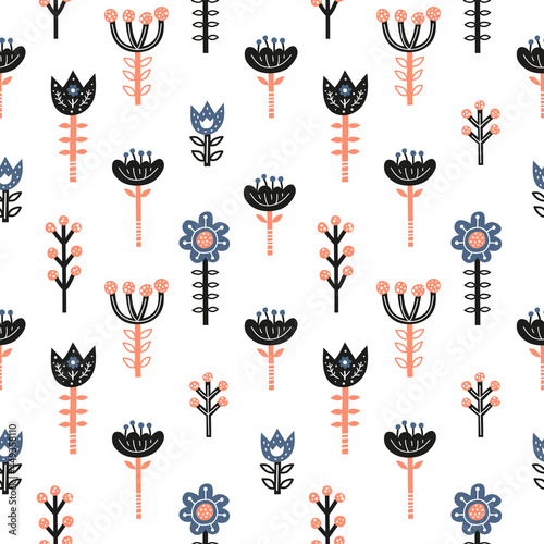 Scandinavian seamless pattern with doodle flowers.