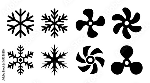 Cold icon, snowflake and cooling fan vector symbols
