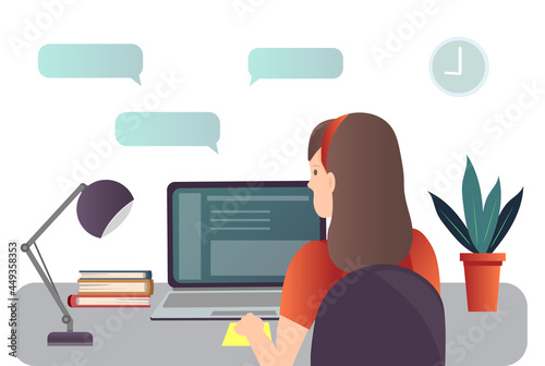 A young woman woman sitting with her back with a laptop, freelancer concept, distant education concept, flat vector illustration
