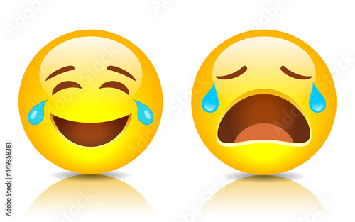 Sad and smiling emoji, vector cartoon