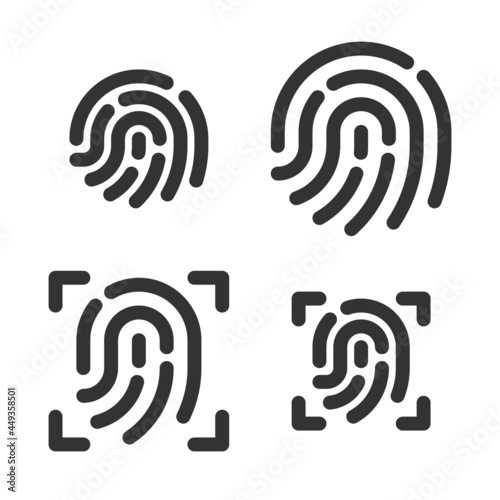 Monochromatic pixel-perfect linear icons of fingerprint scanning built on two base grids of 32x32 and 24x24 pixels for easy scaling. The initial base line weight is 2 pixels. Editable strokes 