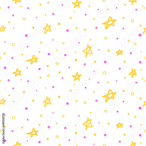 Seamless pattern with doodle stars and dots.
