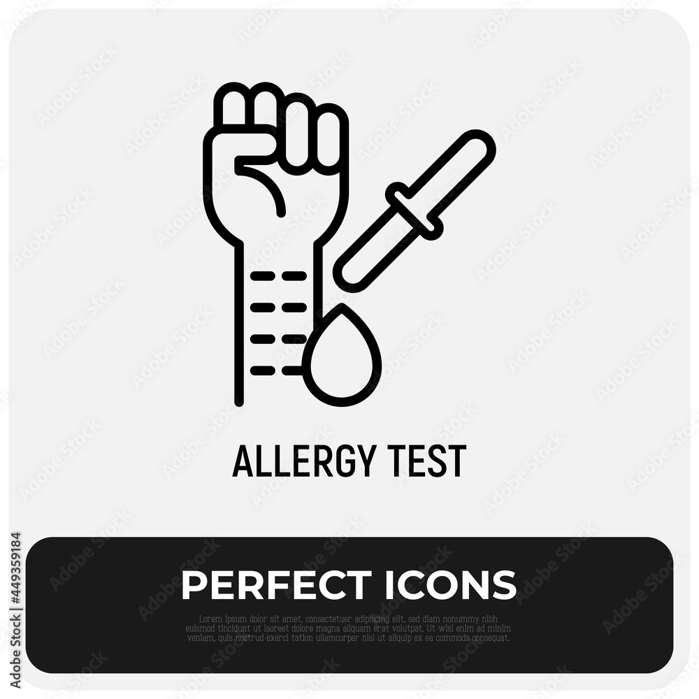 Allergy test thin line icon, prick test, hand and pipette with allergens. Modern vector illustration. Allergy test thin line icon, prick test, hand and pipette with allergens. Modern vector illustration.
