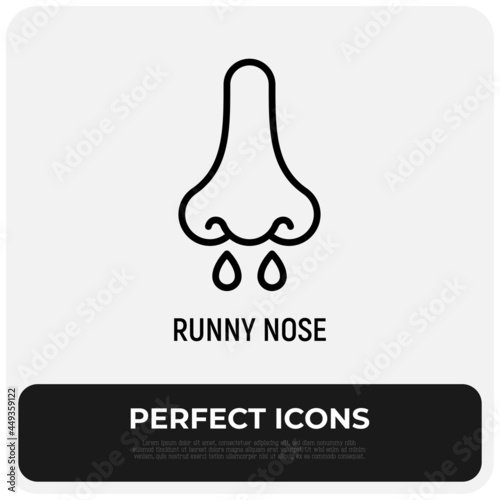 Runny nose thin line icon. Allergy symptom. Modern vector illustration