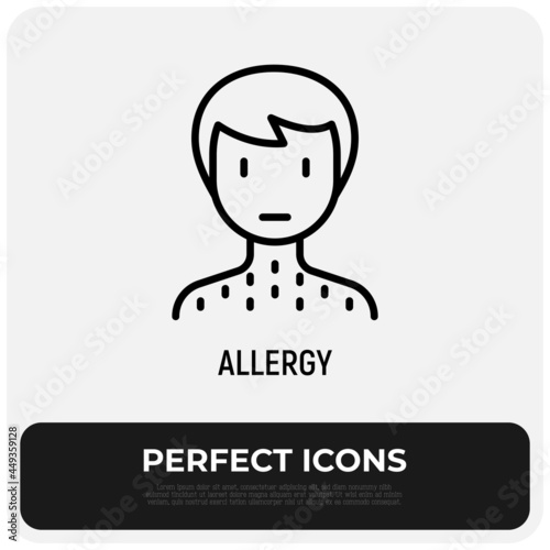 Man with rash thin line icon. Allergy symptom, dermatitis, itching. Modern vector illustration.