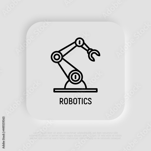 Industrial robotic arm thin line icon. Robotization, automated process. Modern vector illustration