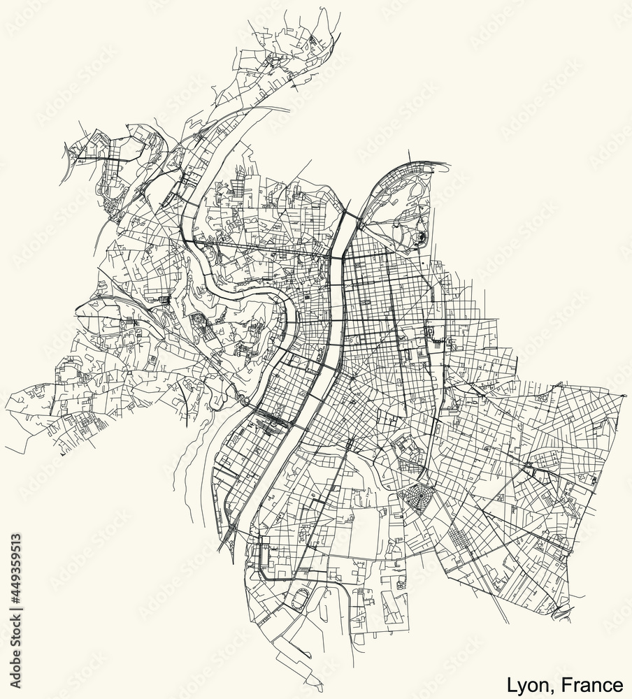 Black simple detailed street roads map on vintage beige background of the quarters, arrondissement and districts of Lyon, France - obrazy, fototapety, plakaty 