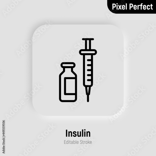 Insulin: ampoule and syringe. Thin line icon. Medical treatment for diabetes. Pixel perfect, editable stroke. Vector illustration.