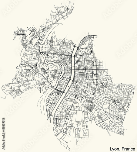Black simple detailed street roads map on vintage beige background of the quarters, arrondissement and districts of Lyon, France
