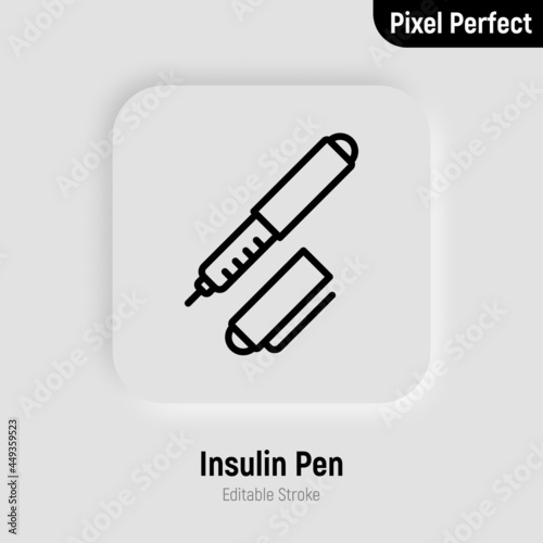Insulin pen thin line icon. Portable diabetes treatment. Medical equipment. Pixel perfect, editable stroke. Vector illustration.