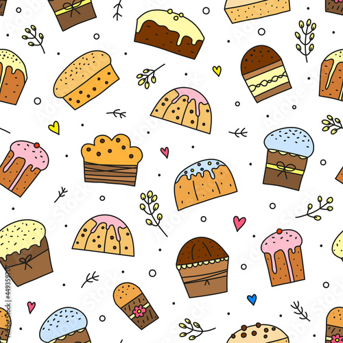 Seamless pattern with doodle Easter kulich cakes.