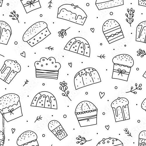 Seamless pattern with doodle Easter kulich cakes.