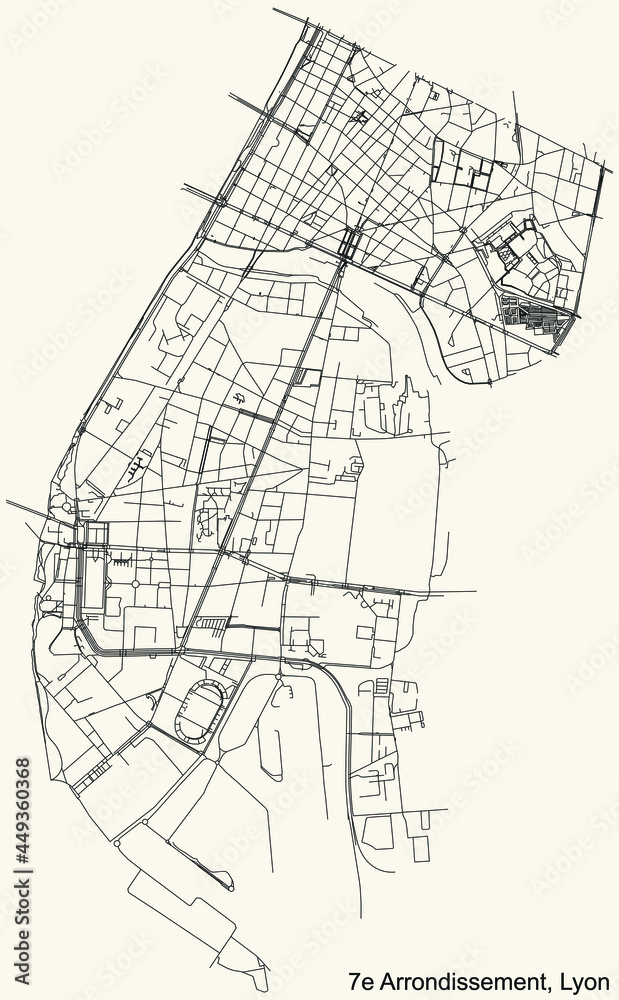 Black simple detailed street roads map on vintage beige background of the quarter 7th arrondissement district of Lyon, France