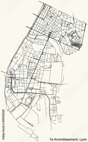 Black simple detailed street roads map on vintage beige background of the quarter 7th arrondissement district of Lyon, France