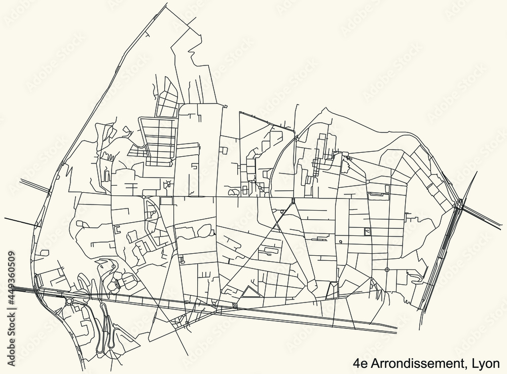 Black simple detailed street roads map on vintage beige background of the quarter 4th arrondissement district of Lyon, France