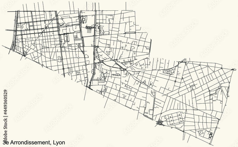 Black simple detailed street roads map on vintage beige background of the quarter 3rd arrondissement district of Lyon, France