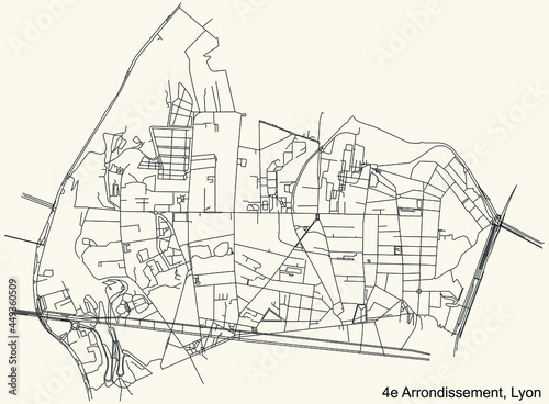 Black simple detailed street roads map on vintage beige background of the quarter 4th arrondissement district of Lyon, France