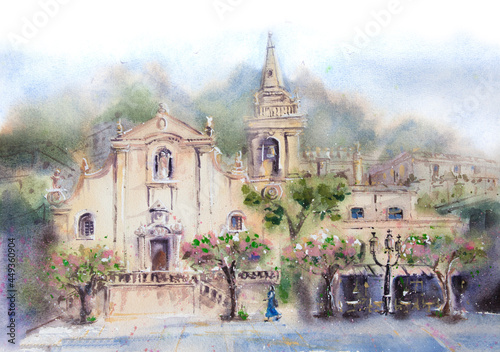 Taormina Italian village watercolor