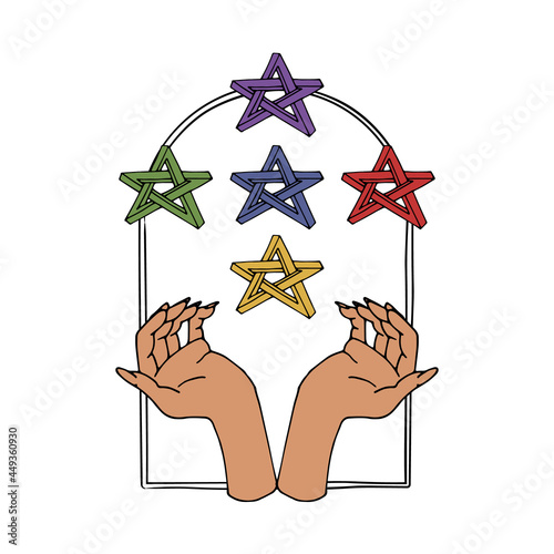 Vintage Mystic hands and impossible stars inside arch Illustration