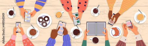People are sitting at a table opposite each other and looking at their phones. One pair of hands with a book. The concept of social networks addiction. Vector illustration, top view