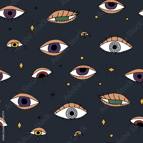 Seamless pattern with hand drawn doodle mystic eyes. On dark blue background.