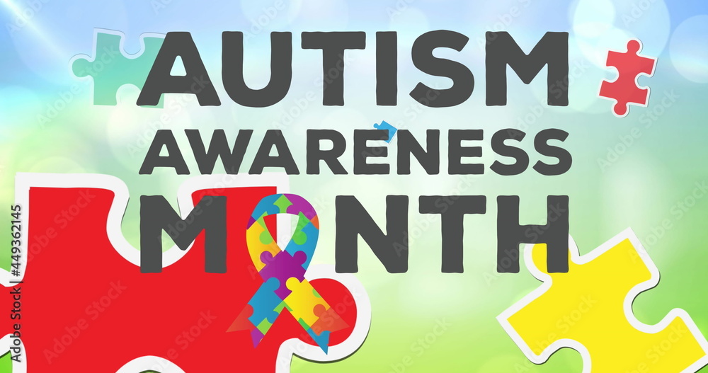 Image of autism awareness month text with puzzles forming ribbon on blue background
