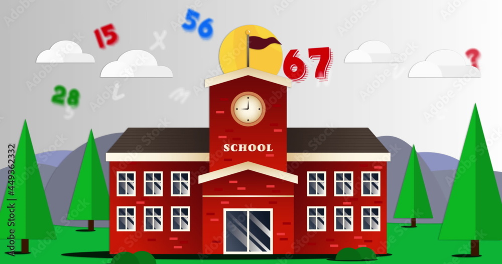 Digital image of multiple changing numbers and alphabets against school landscape icon
