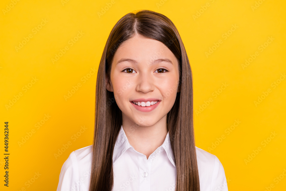 Candid schoolgirl Photo of positive candid schoolgirl shiny white smile wear white shirt  isolated yellow color background Stock 写真 | Adobe Stock