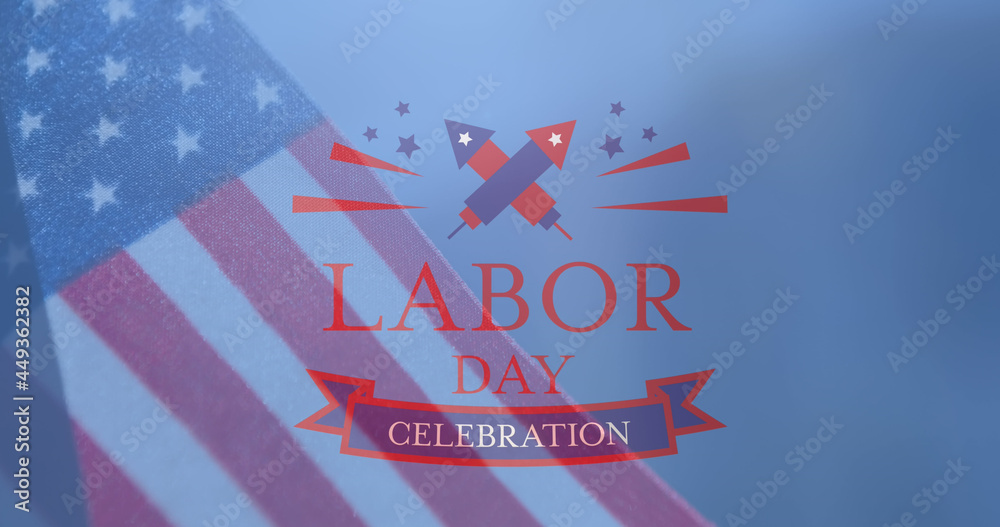 Obraz premium Image of labour day celebration text with fireworks over american flag on blue