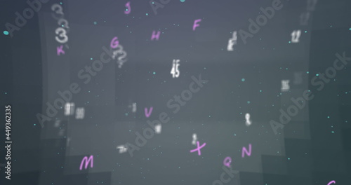 Digital image of multiple changing numbers and alphabets against black background