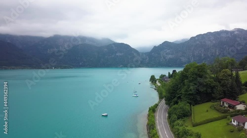 Aerial view of Attersee lake at cloudy day.