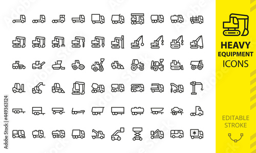 Heavy Machinery isolated icon set. Set of special equipment, crawler excavator, trucks, vehicles, trailers, road construction machines, municipal machinery, tower crane, boom lift  vector icons.
