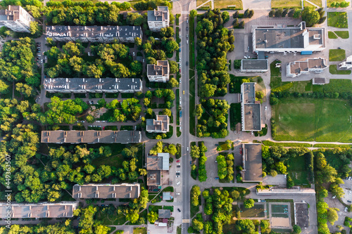 Urban building with roads and trees aerial view