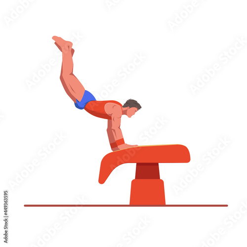 A gymnast with an athletic physique performs a vault, athlete springs onto a vault with his hands. Vector flat design illustration. Individual all-around preflight competition scene.