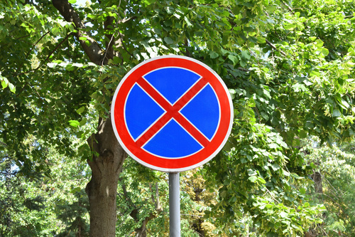 Road sign on green foliage background