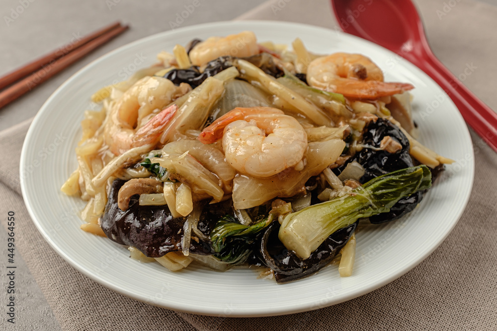 Chinese food yusanseul with seafood and mushrooms