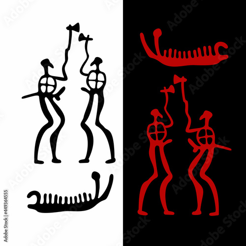 Petroglyphs of two ancient warriors with axes and a drakkar, vector illustration. Ancient drawings on the stones of Scandinavia. Viking rock paintings. Isolated on white and black background